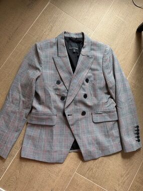Banana Republic Gray Plaid Double-Breasted Blazer with Red Windowpane